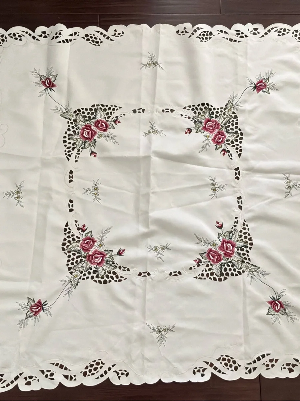 Vintage Embroidered Tablecloth 43” Square Rose Cut Out Design